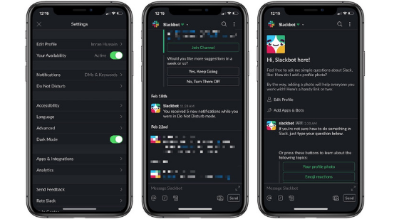 Turning Slack's dark mode on iOS and Android