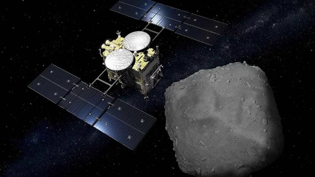 Hayabusa2 concept next to Ryugu asteroid