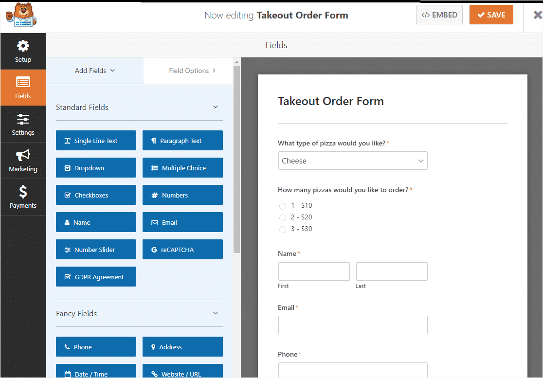 online restaurant order form with WordPress 4