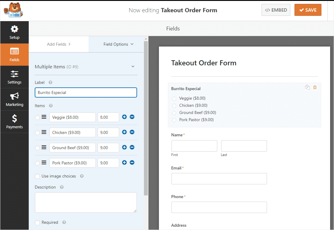 online restaurant order form with WordPress 7