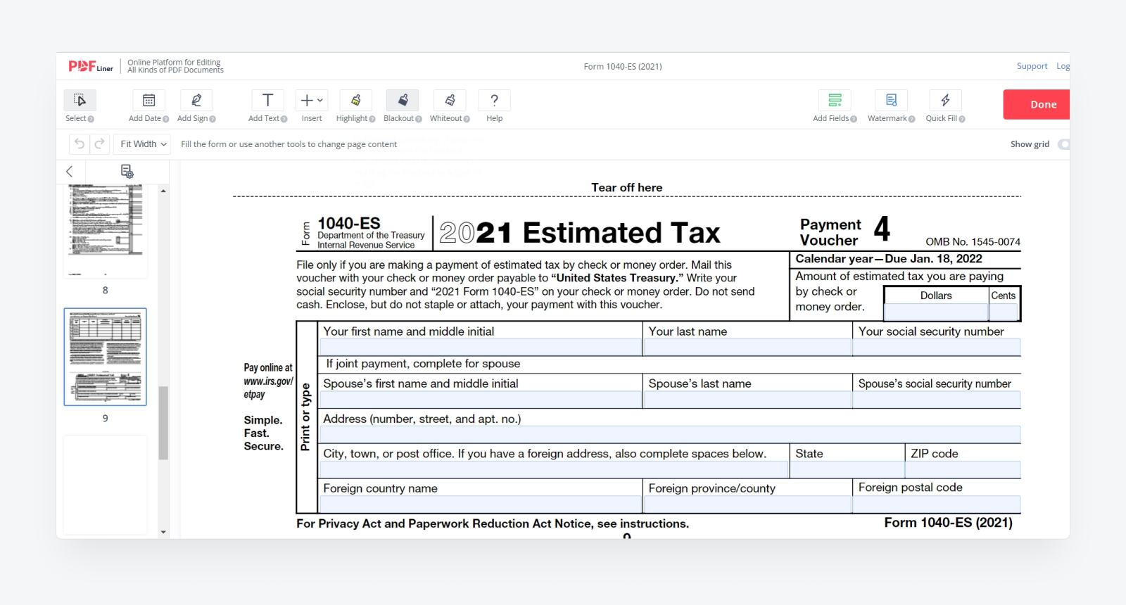 Form 1040-ES in PDFLiner editor